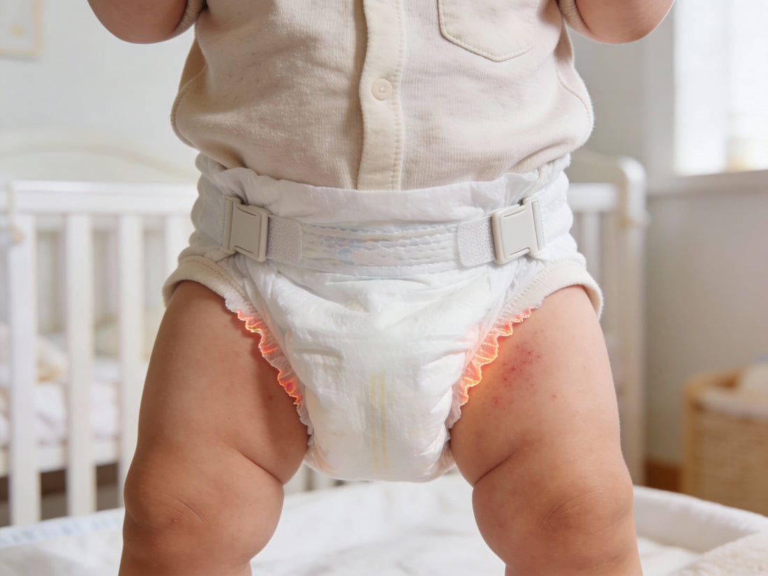 Mild nappy rash visible on a baby wearing a nappy