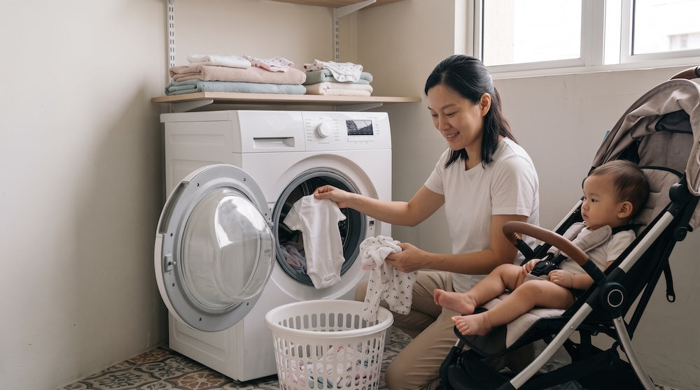 A mom putting baby clothes into the washing machine